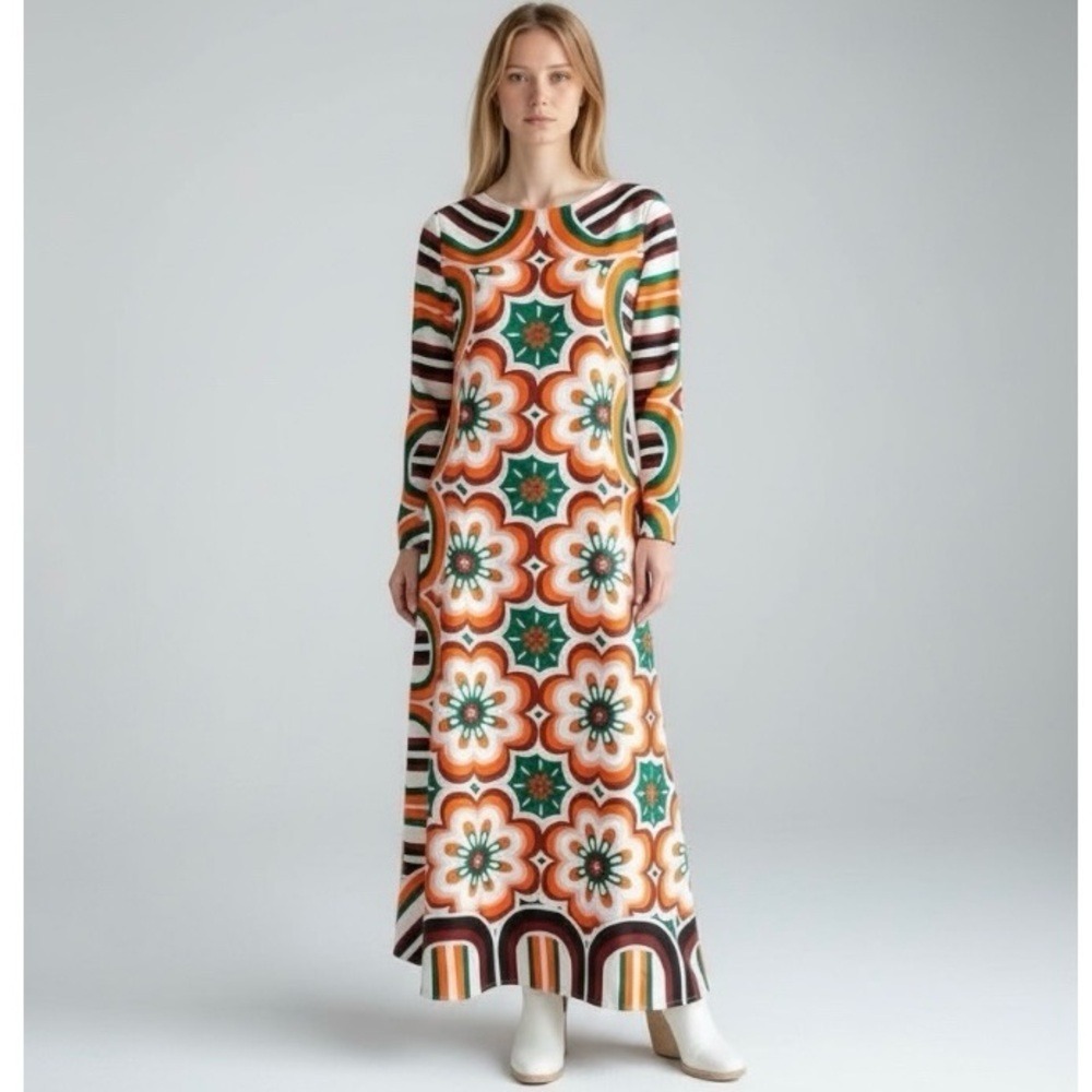 Alisastyle Orange White Black Green Geometric Long Sleeve Sheath Maxi Dress
